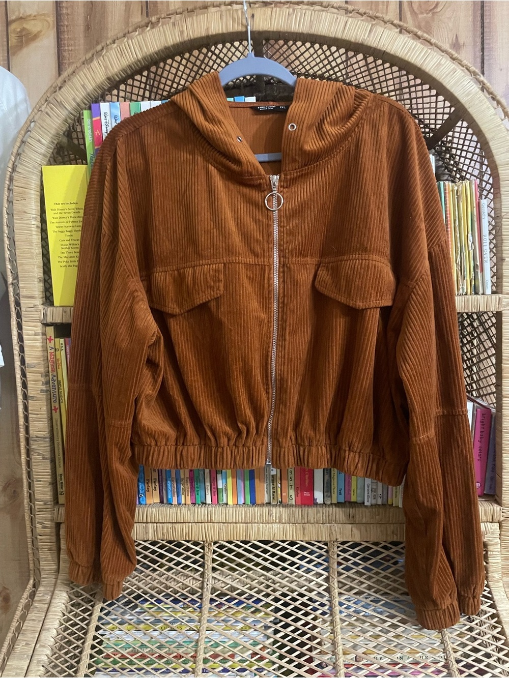 SHEIN Rust Brown Corduroy Hooded Bomber Jacket
